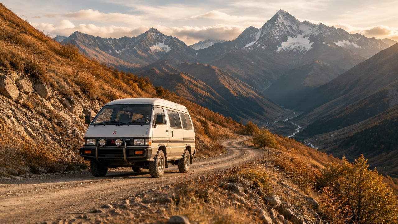 Mitsubishi Delica 4x4 on a Caucasus mountain road
